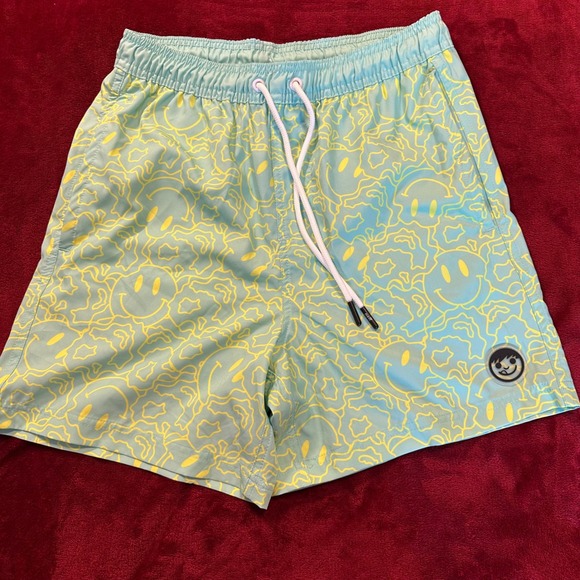 Neff Other - Neff Mens Swim Trunks Medium Blue Yellow Smiley Face Print Drawstring Shorts